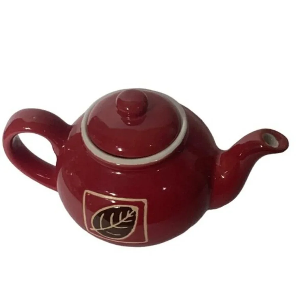 Teapot Vintage Hand Painted Ceramic Multipurpose Mini Earth Tone Rustic Red